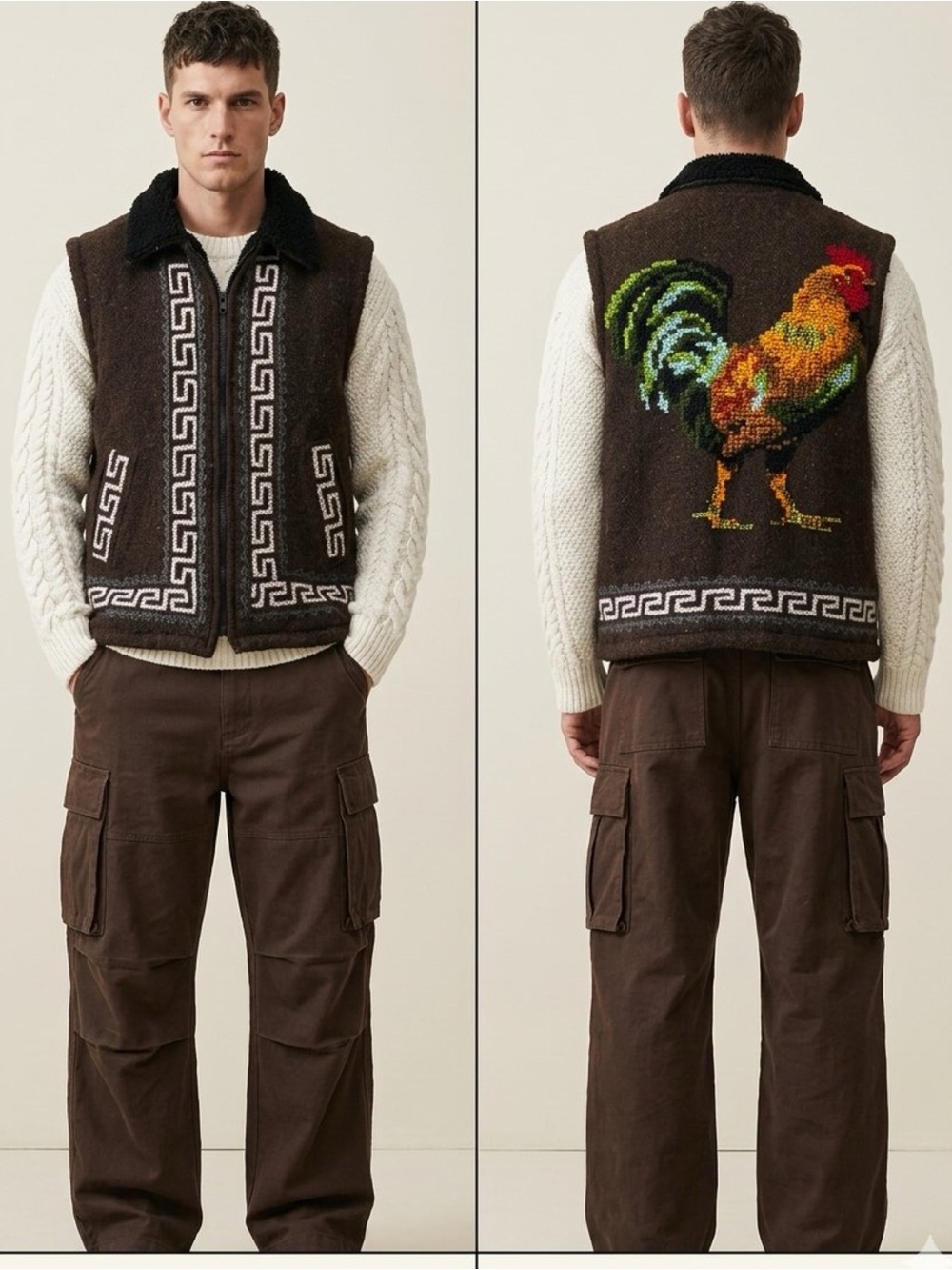 VTG Mazahua Mexican Hand Embroidered Wool Vest Artisan Rooster Gallo Folk Art M